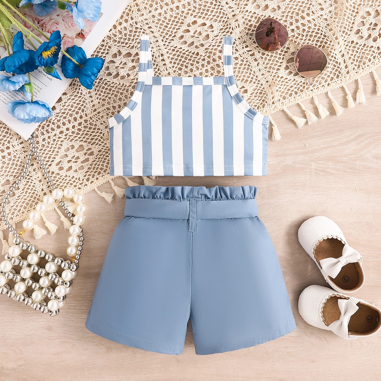 Conjunto verano niña Boutique – Top algodón a rayas sin mangas y shorts – Moda coreana - imagen 4