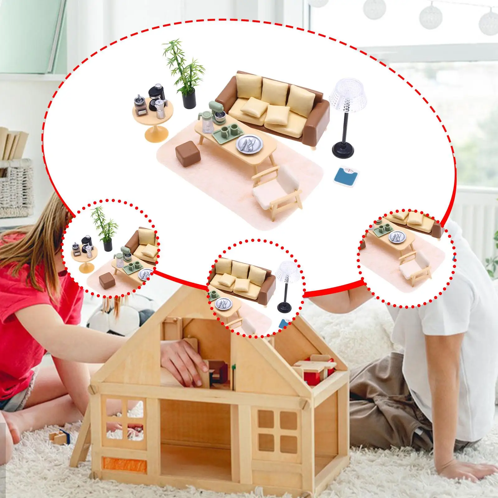 Juego de muebles para casa de muñecas con sofá, mesa y lámpara de pie