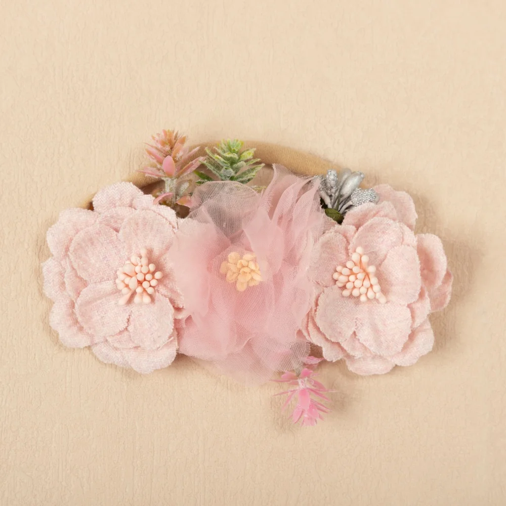 Diadema elástica de nailon con lazo floral rosa para bebé niña - imagen 4