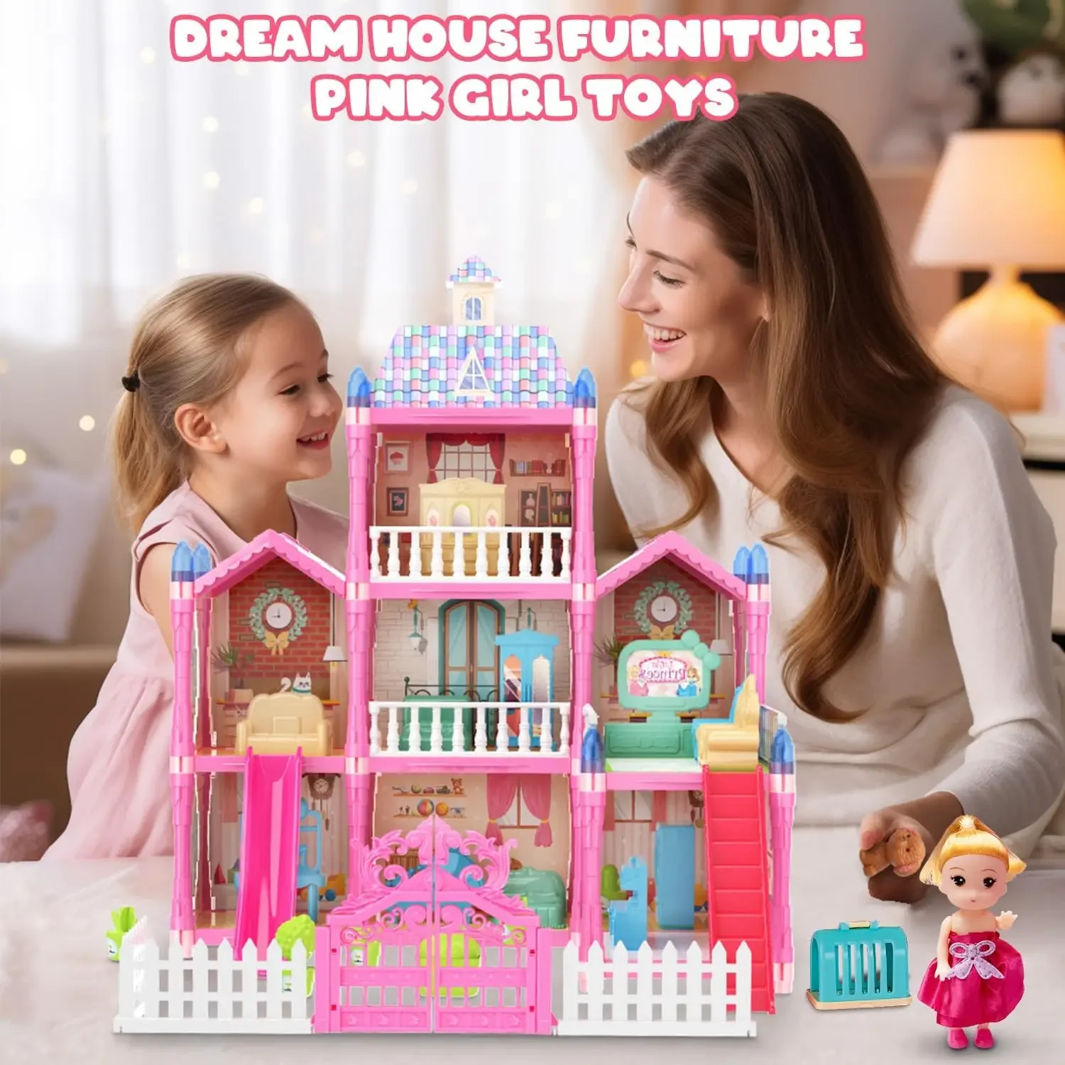 Niña jugando con la casa de muñecas y sus accesorios