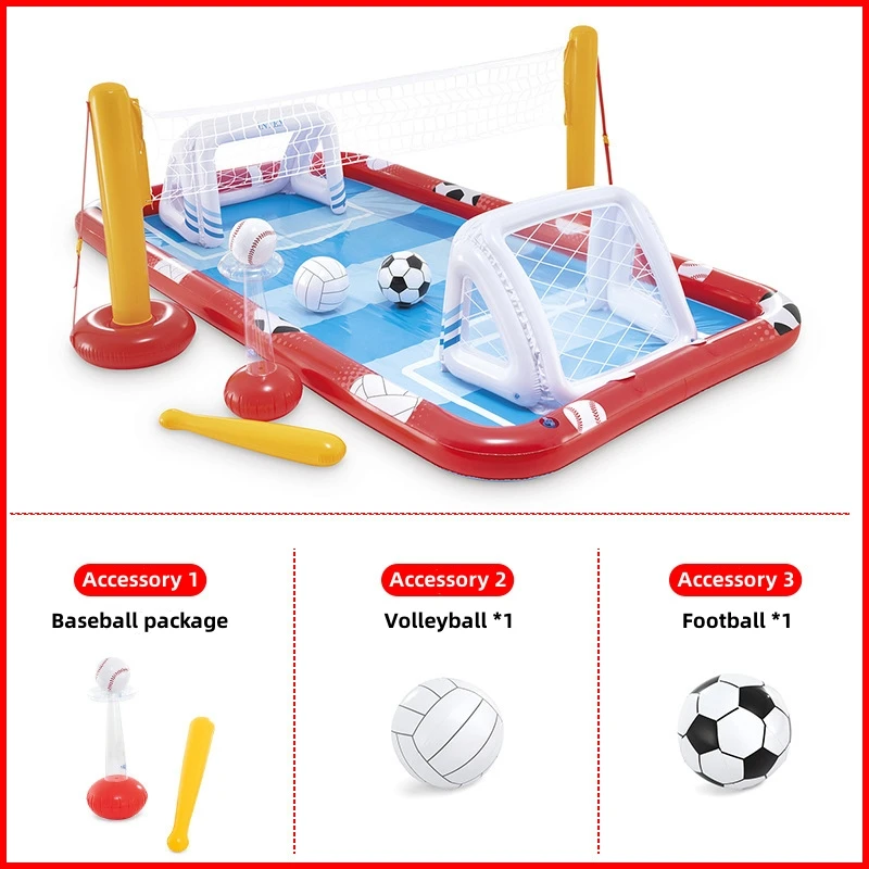 Piscina infantil azul con agua y juguetes