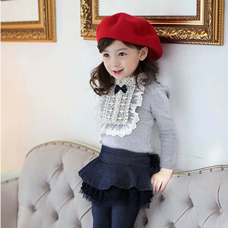 Blusa blanca manga larga con lazo encaje para niña escolar - imagen 2