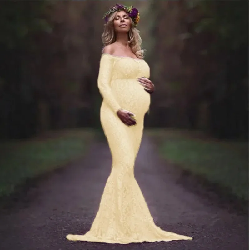 Vestido de maternidad de encaje de manga larga con un hombro para fotos - imagen 2