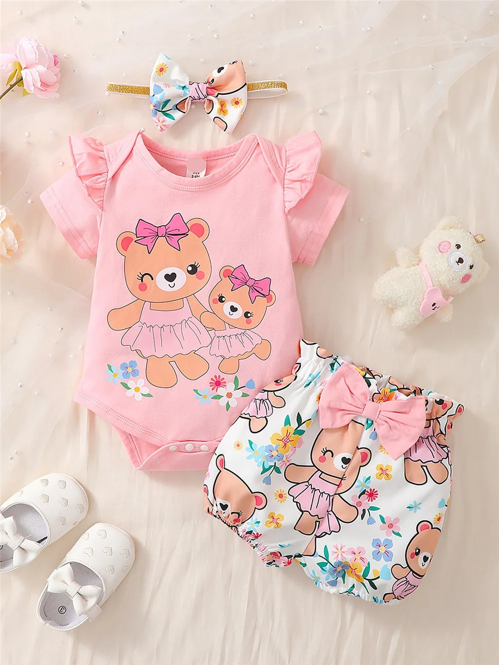 Pelele de manga corta con oso de dibujos animados para bebé