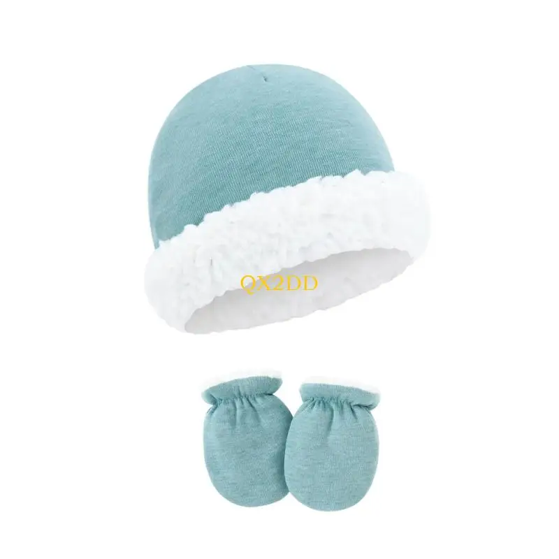 QX2D Conjunto manoplas y gorro de lana para bebé recién nacido