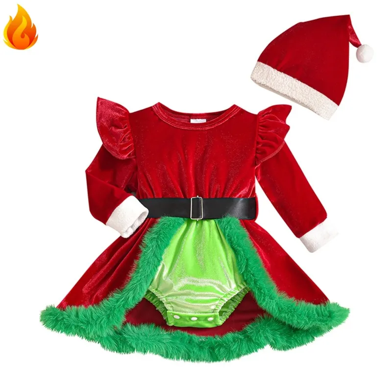 Pelele de Navidad para recién nacida con gorro y falda de terciopelo - imagen 2