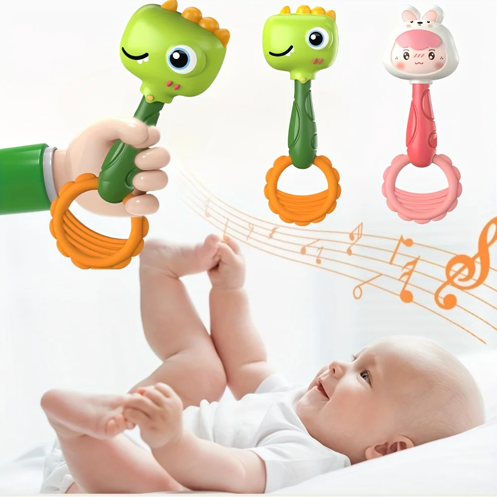 Sonajero de mano conejito rosa y dinosaurio verde para bebés - imagen 5