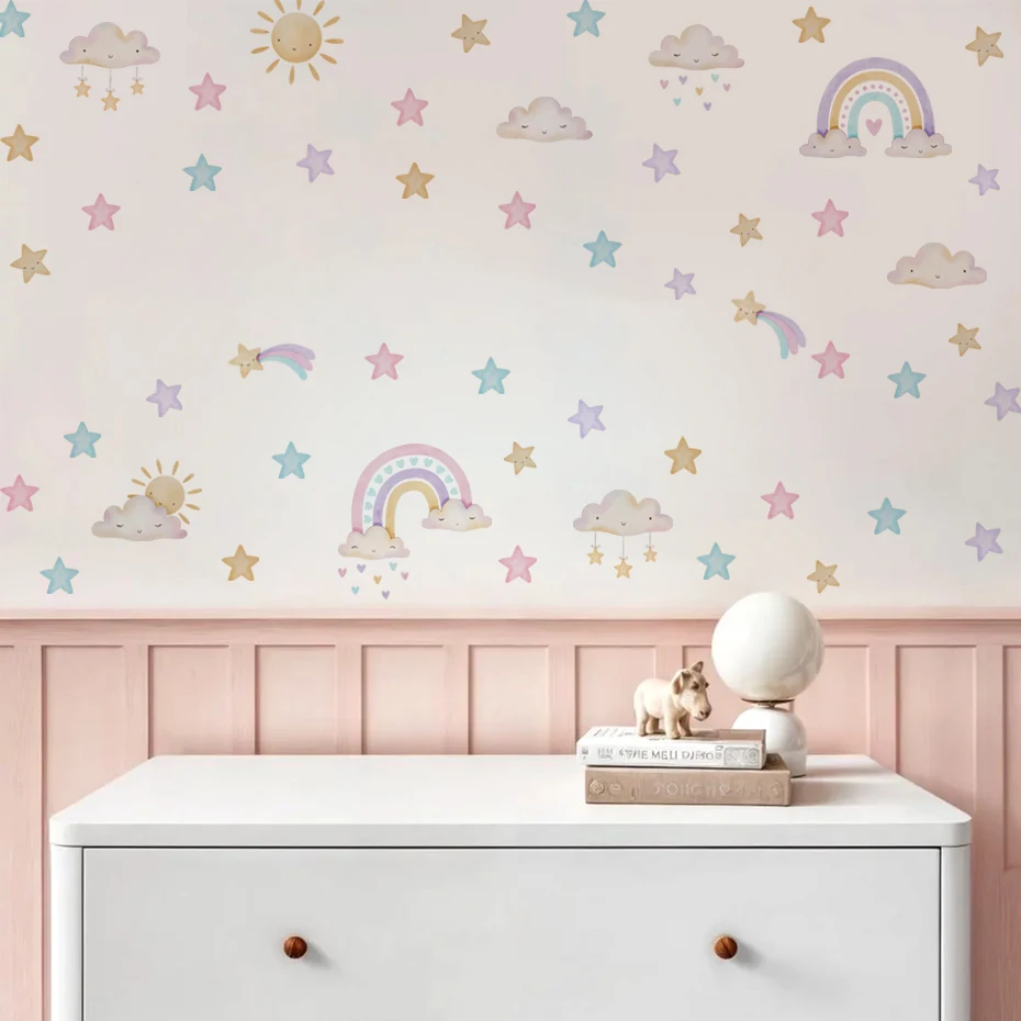 Diseño bohemio de nubes y estrellas arcoíris en tonos pastel