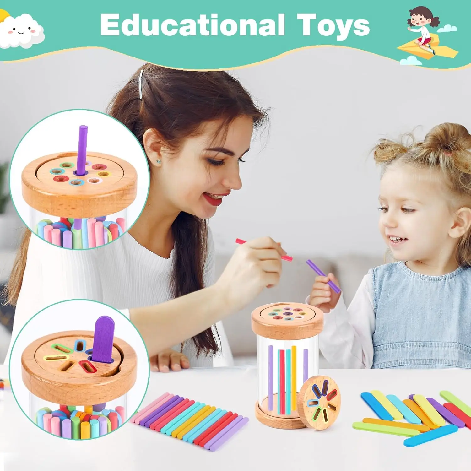 Montessori de madera para clasificar colores y motricidad fina - imagen 5