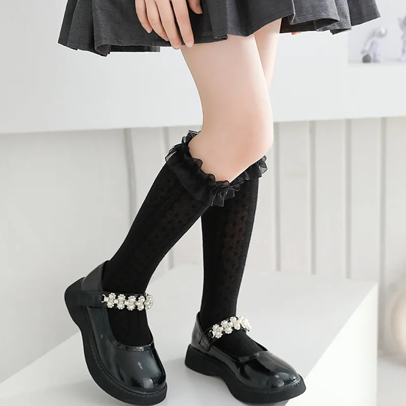 Calcetines altos de encaje niña blanco y negro, malla transpirable - imagen 2