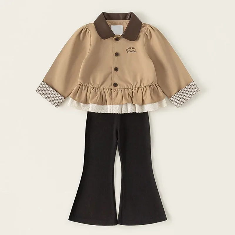 Conjunto niña con cuello polipiel a cuadros camiseta y pantalón campana