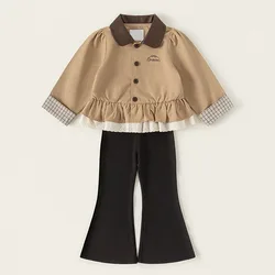 Conjunto niña con cuello polipiel a cuadros camiseta y pantalón campana
