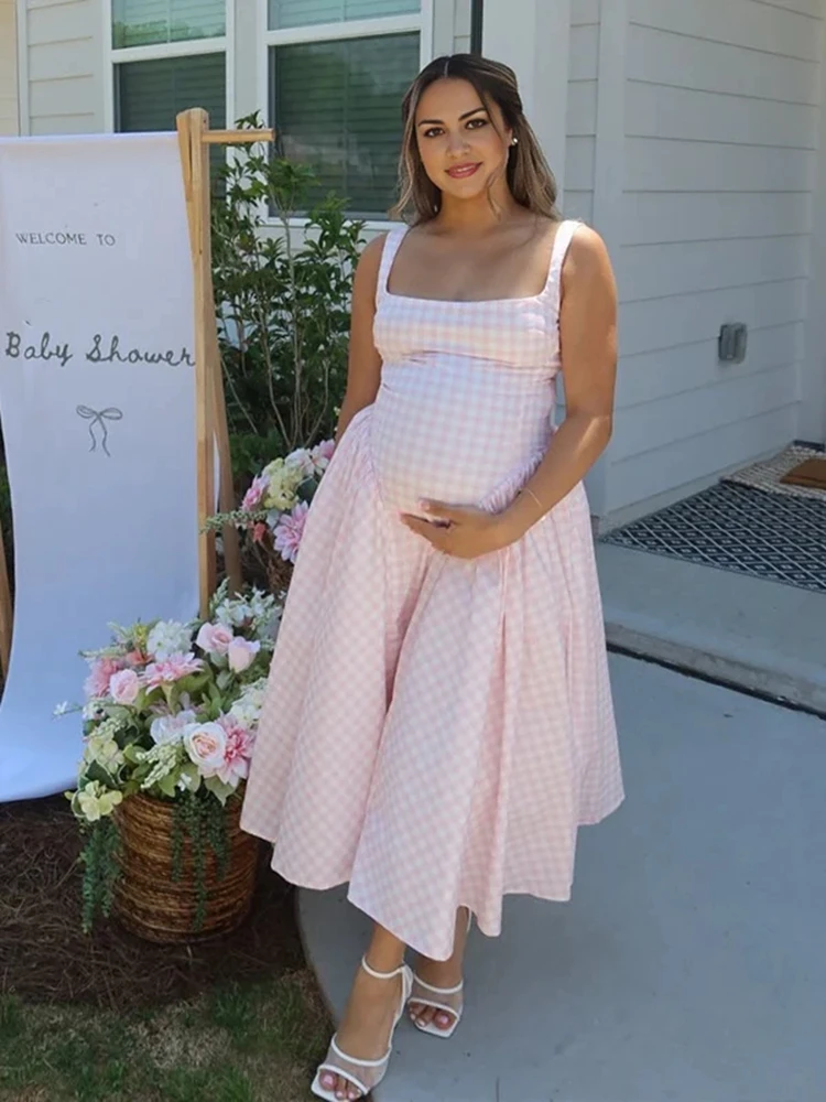 Vestido de maternidad de cuadros vichy sin mangas para sesión de fotos - imagen 3