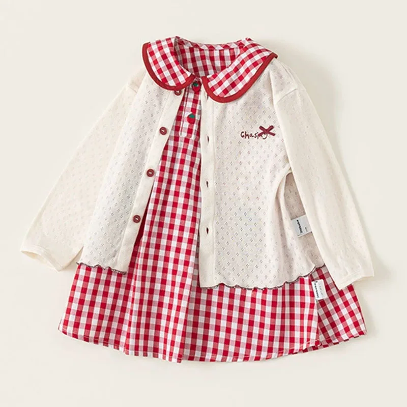 Conjunto niña cárdigan de punto a cuadros con dibujos y vestido - imagen 4
