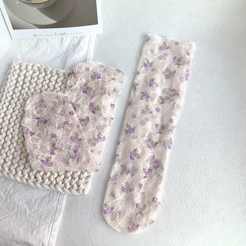 Calcetines de encaje de tubo finos con flores pequeñas para verano - imagen 5