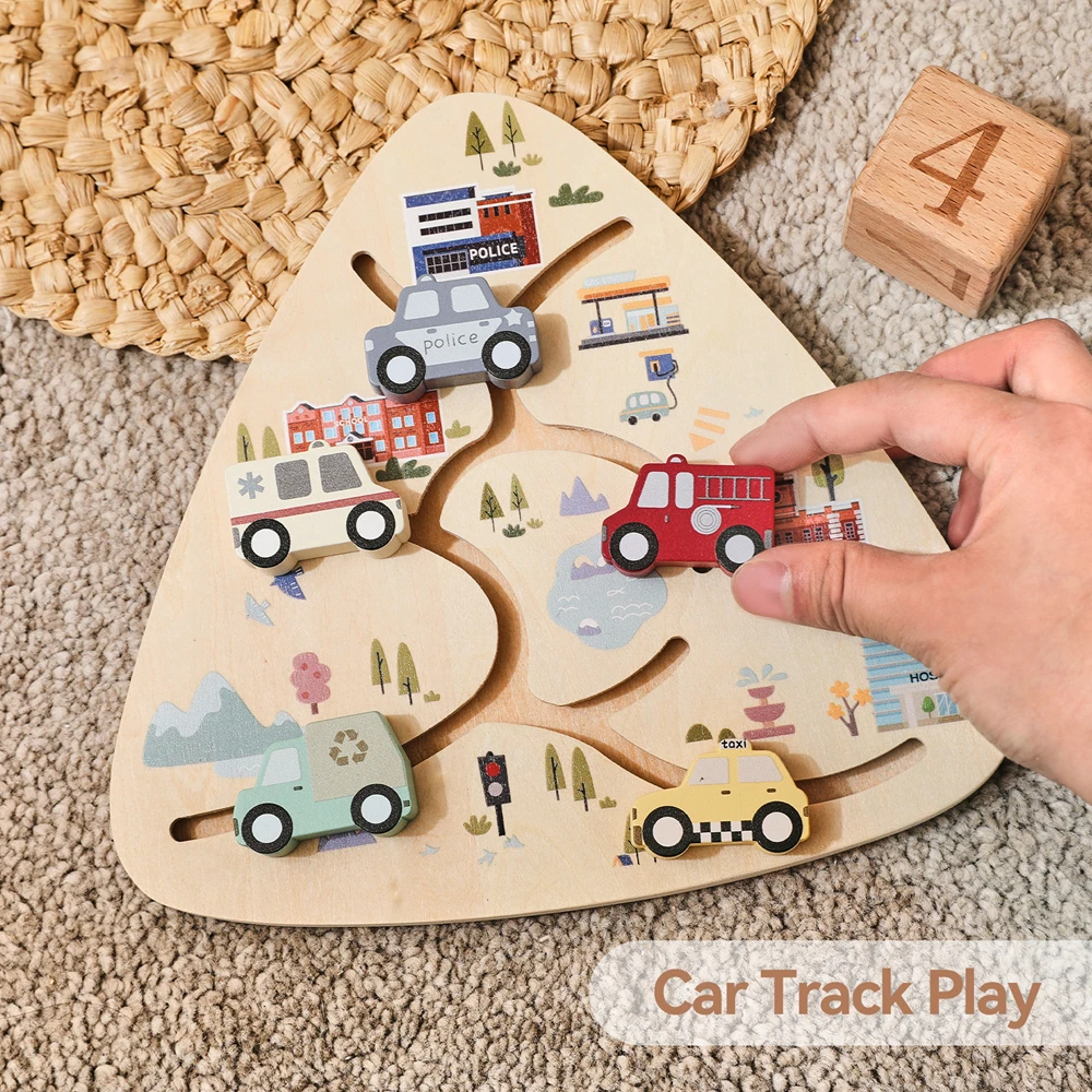 Juguete de madera Montessori sensorial con bloques y pista de coche