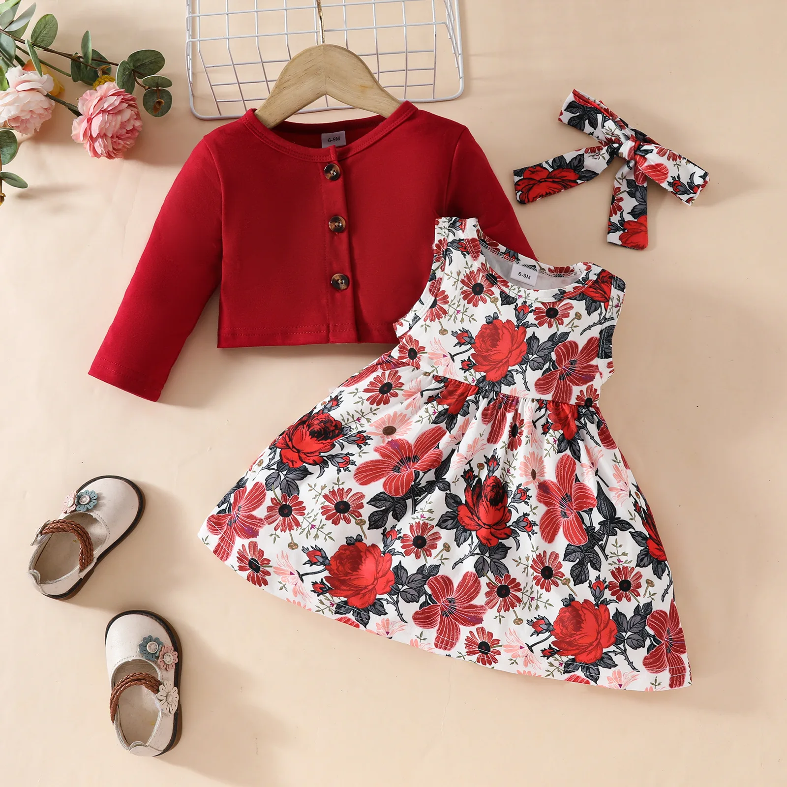 Conjunto bebé niña primavera-verano: top flores, vestido y diadema - imagen 2