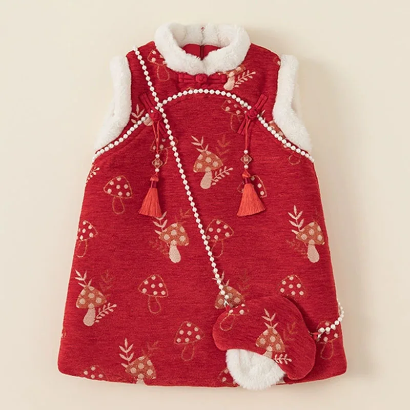 Vestido de invierno rojo de princesa con bordado y forro polar