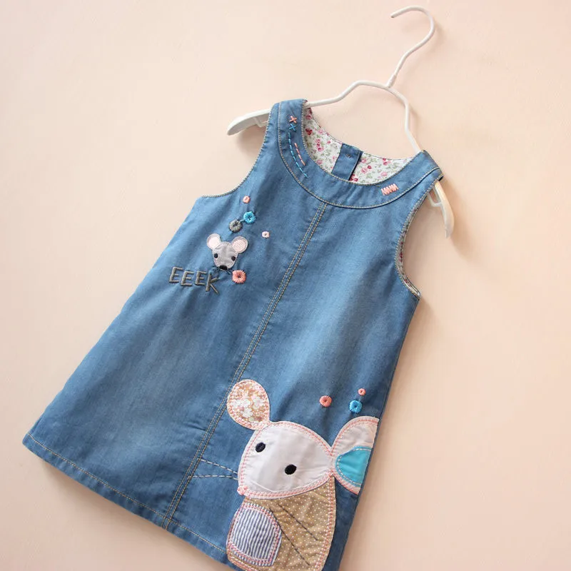 Vestido vaquero de verano con bordado de ratón para niñas 2-6 años - imagen 4