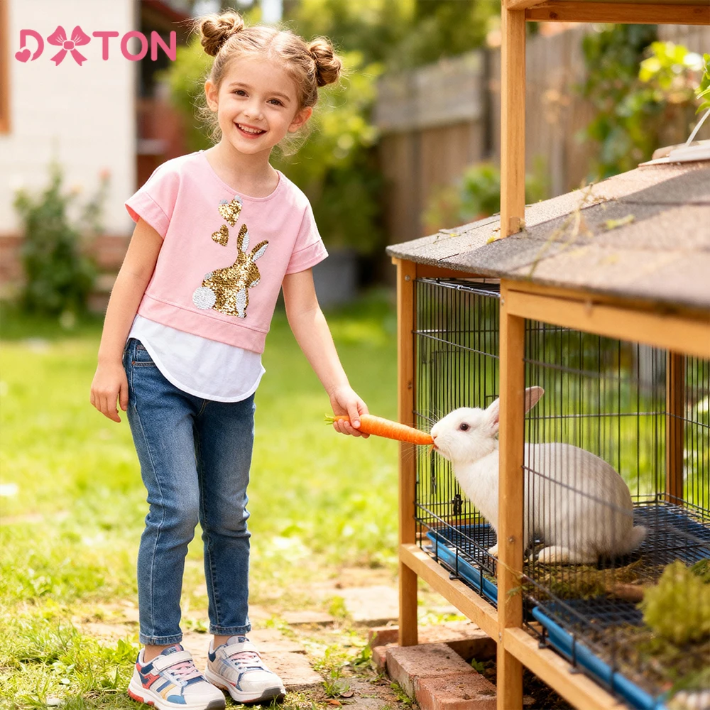 DXTON Camiseta manga corta niña con lentejuelas de conejo verano - imagen 2