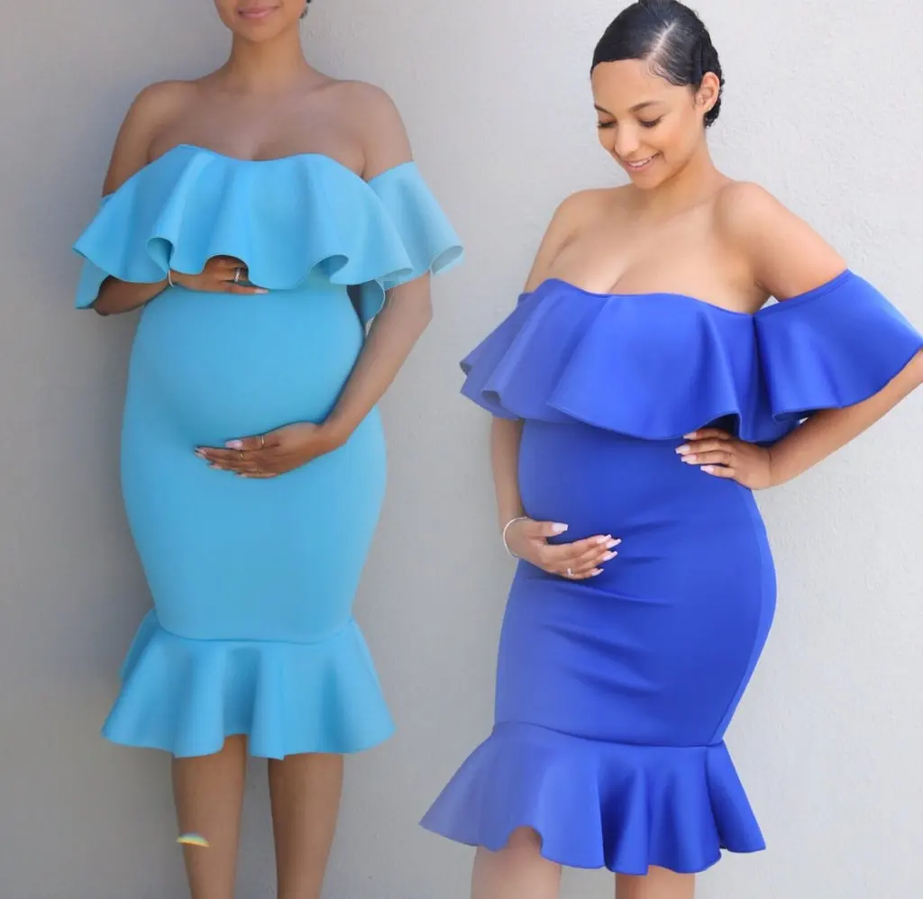 Vestido de maternidad largo elástico con cuello de volantes para fotos - imagen 4