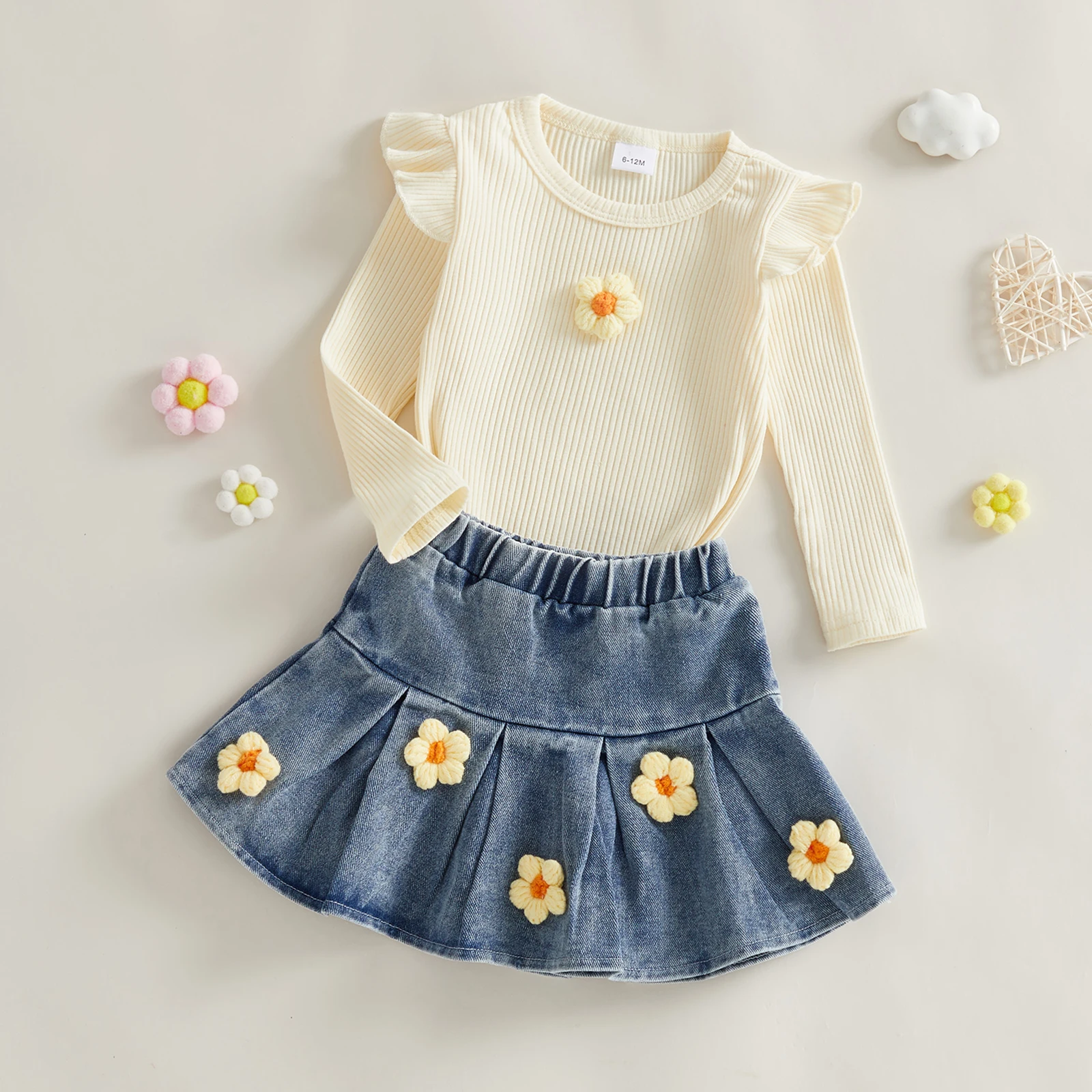 Conjunto de niña primavera con blusa manga larga y falda vaquera - imagen 3