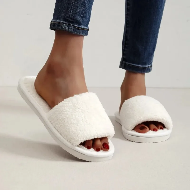 Zapatillas de casa de mujer de piel blanca con felpa cómodas - imagen 3