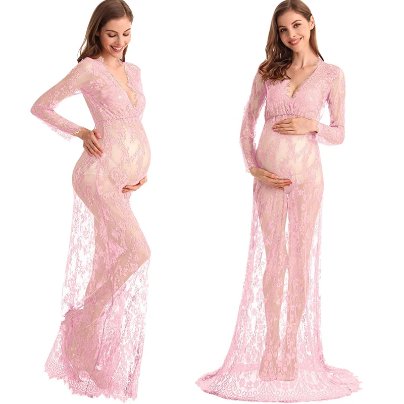 Vestido de maternidad con escote en V y manga larga de encaje - imagen 5