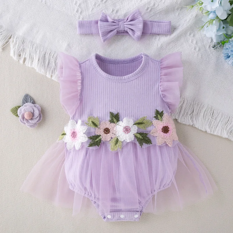 Pelele de encaje floral para bebé niña con tocado de verano - imagen 5