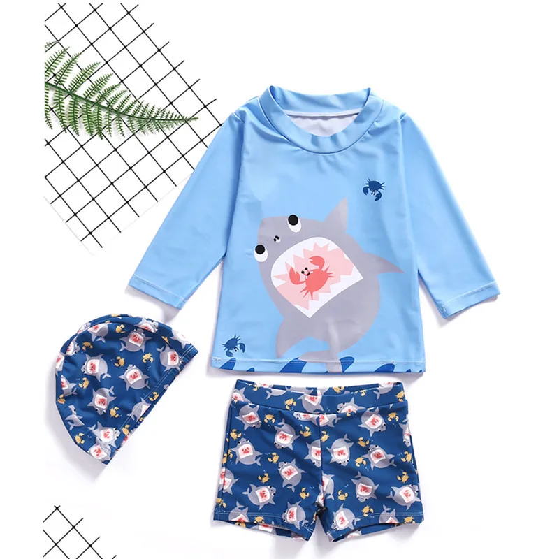 Traje de baño niño manga larga estampado cangrejo y tiburón