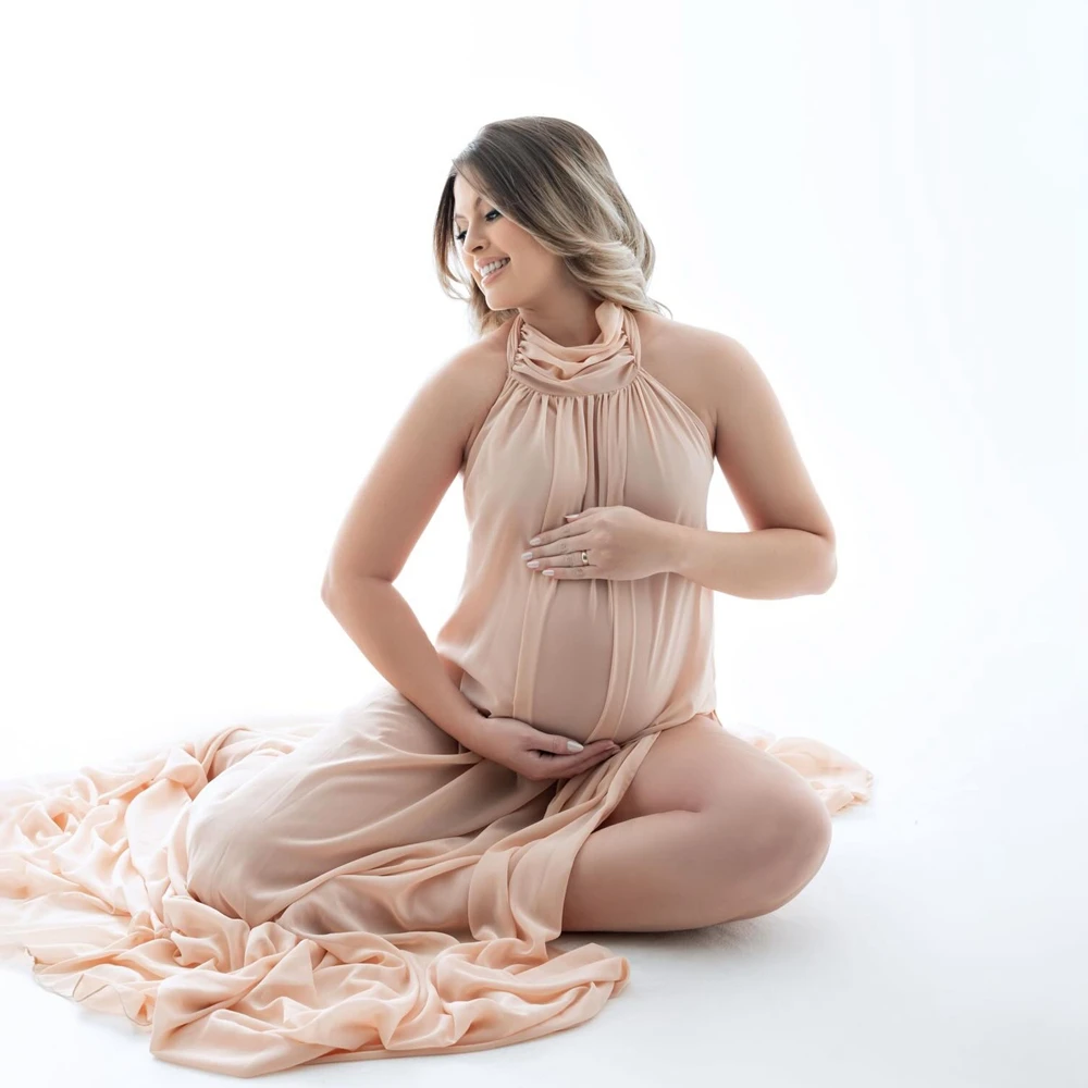 Vestido de embarazo plisado con hombros descubiertos para fotos