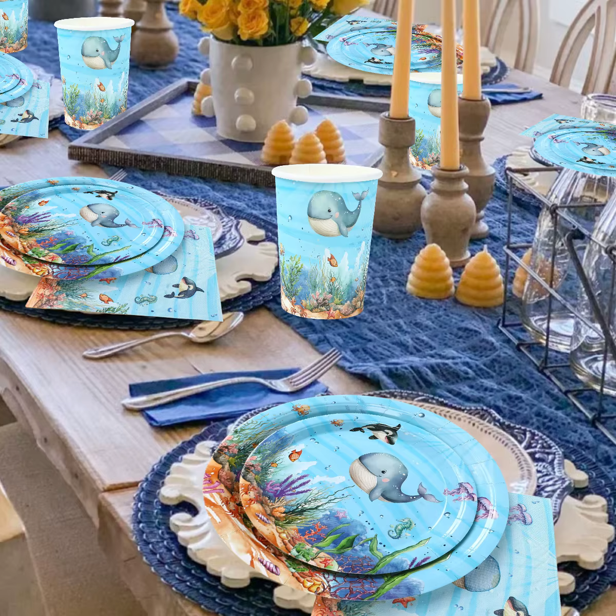 Vajilla desechable tiburón para cumpleaños infantiles – Tema marino - imagen 3