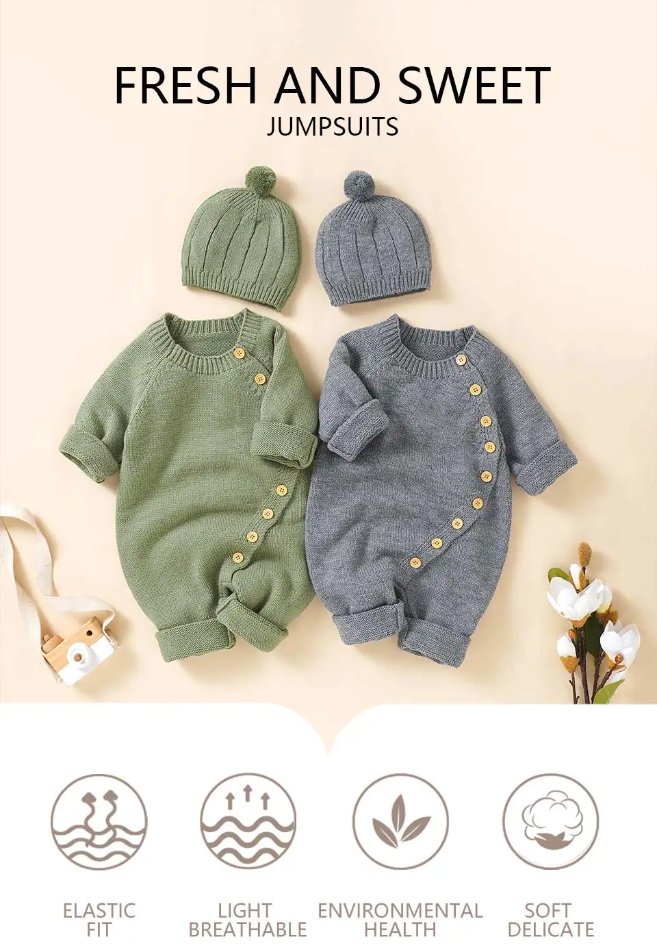 Pelele para bebé color beige con sombrero mimixiong