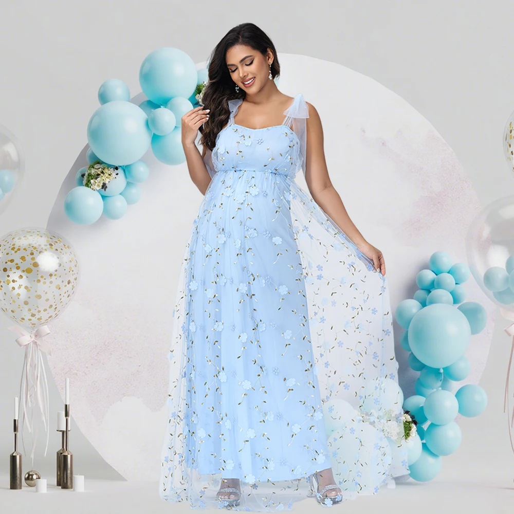Vestido premamá largo de tul bordado floral con tirantes - imagen 4