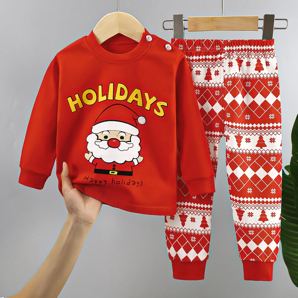 Conjunto navideño infantil de algodón: camiseta manga larga y pantalón