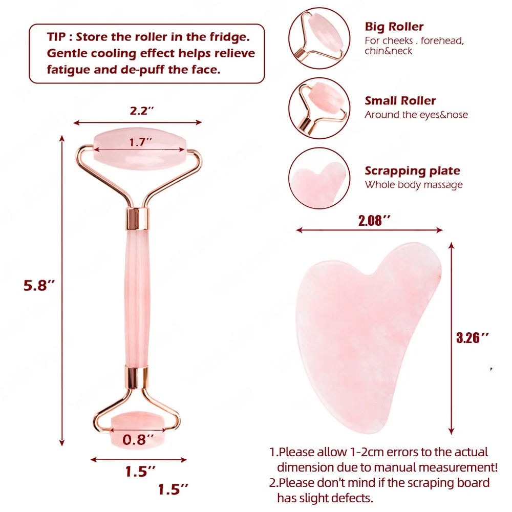 Rodillo de jade para masaje facial y gua sha de cuarzo rosa natural - imagen 3