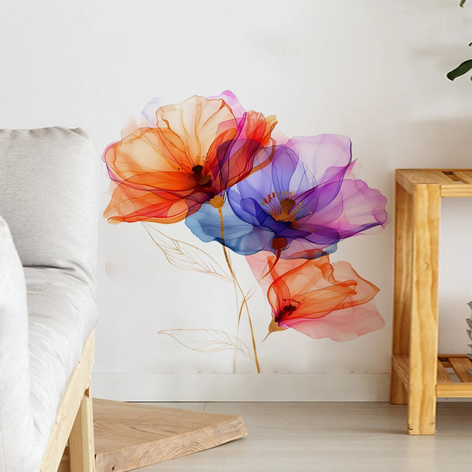 Pegatinas de pared de vinilo acuarela de flores azules para niña - imagen 3
