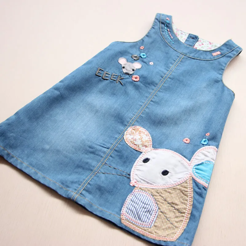 Vestido vaquero de verano con bordado de ratón para niñas 2-6 años - imagen 3