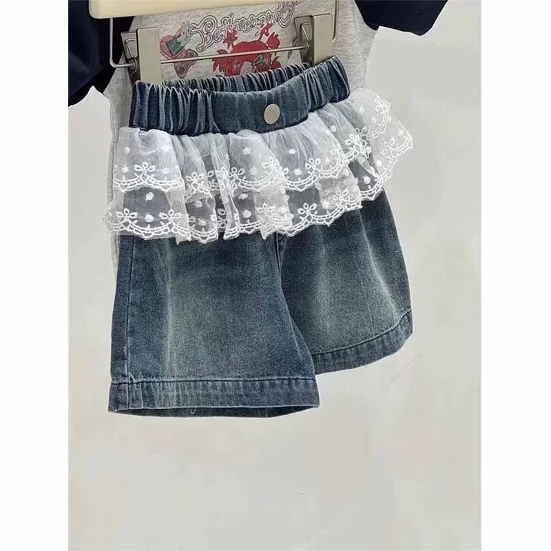 Pantalones cortos vaqueros de mezclilla con encaje para niña infantil - imagen 3