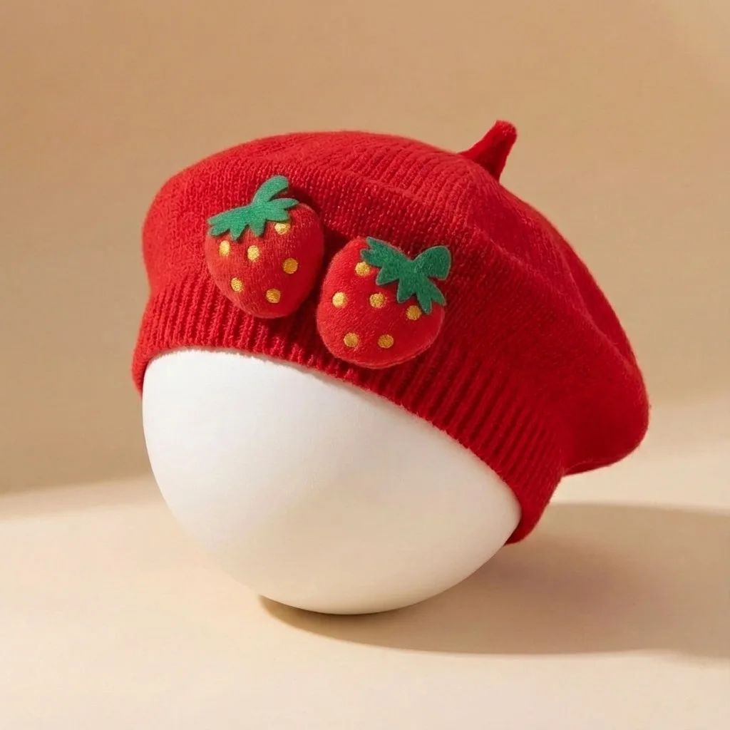 Boina de primavera bebé en punto con fresa elegante