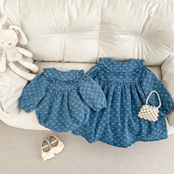 Vestido de mezclilla vintage con lazo y mono a juego para bebé niña