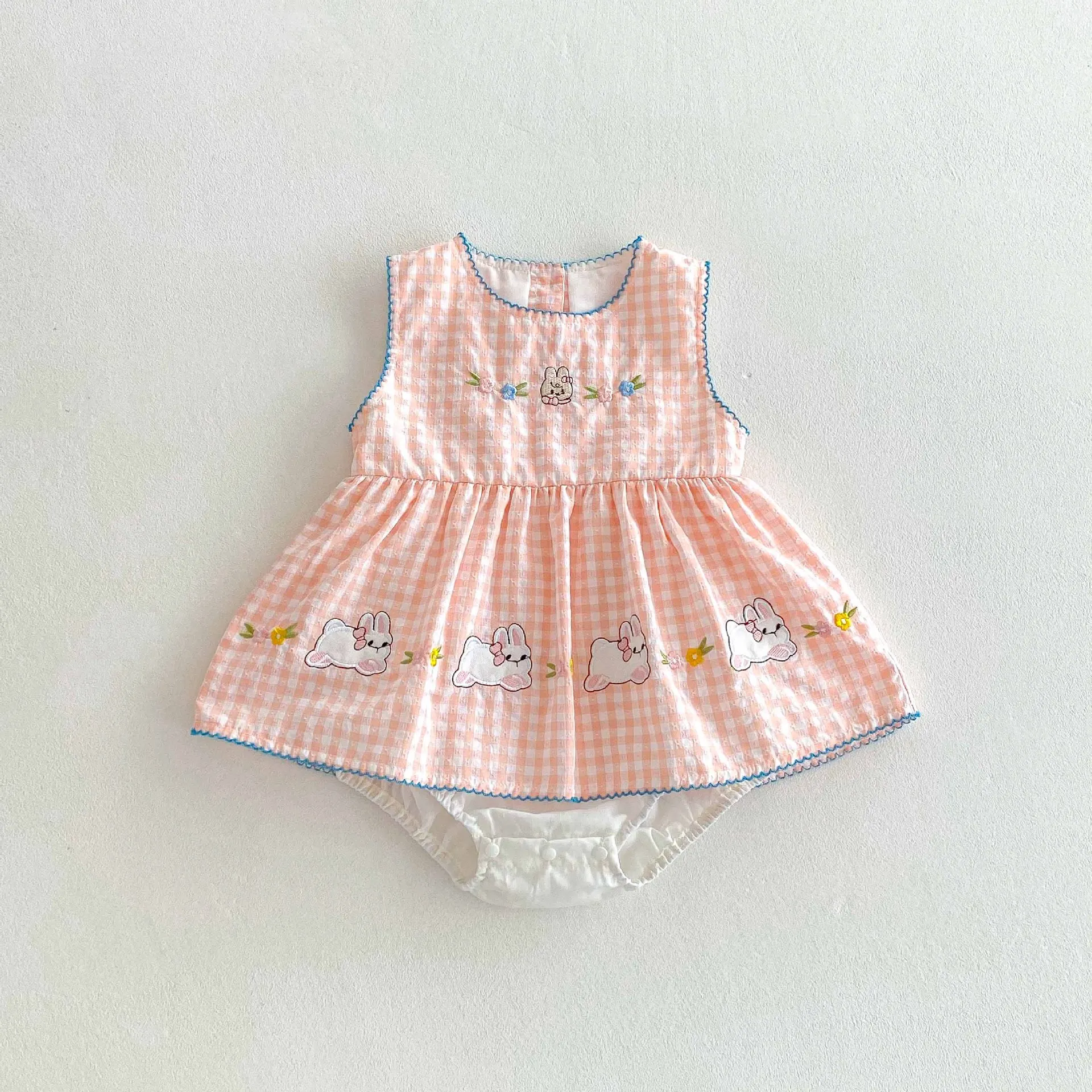 Mono de verano para bebé – conejito bordado floral, cuadros sin mangas