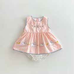 Mono de verano para bebé – conejito bordado floral, cuadros sin mangas