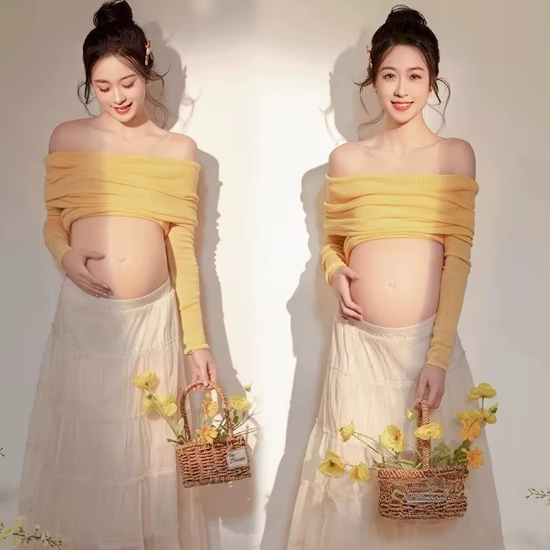 Vestido premamá de punto con hombros descubiertos para otoño