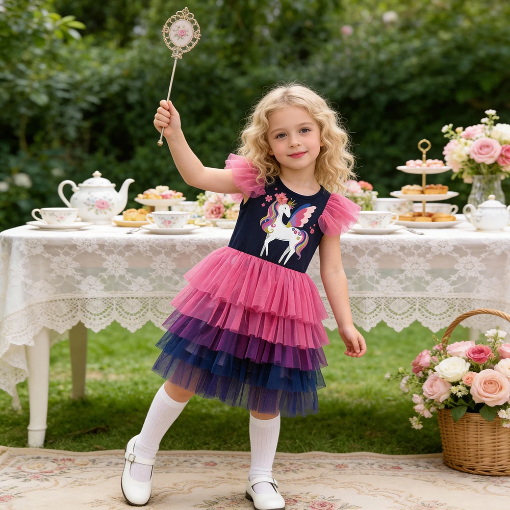 DXTON Vestido de verano para niñas con capas pastel estilo unicornios - imagen 2