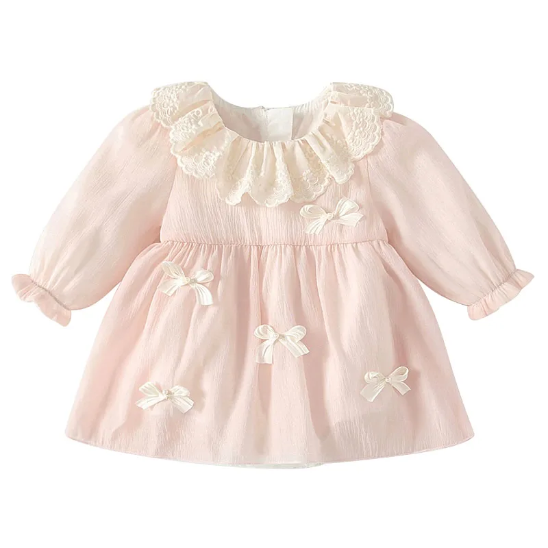 Mono bebé rosa de manga larga con lazo y cuello Peter Pan primavera - imagen 3