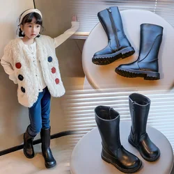 Botas altas de cuero PU negro para niñas y niños de invierno