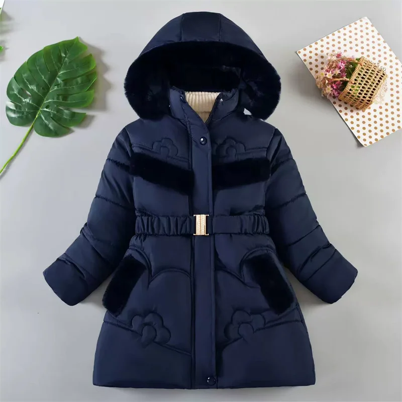 Chaqueta acolchada con capucha para niñas de piel sintética en invierno - imagen 3