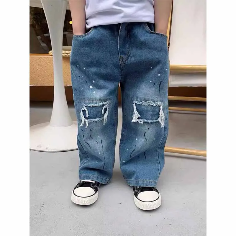 Vaqueros de pierna ancha para niños con agujeros estilo casual - imagen 3
