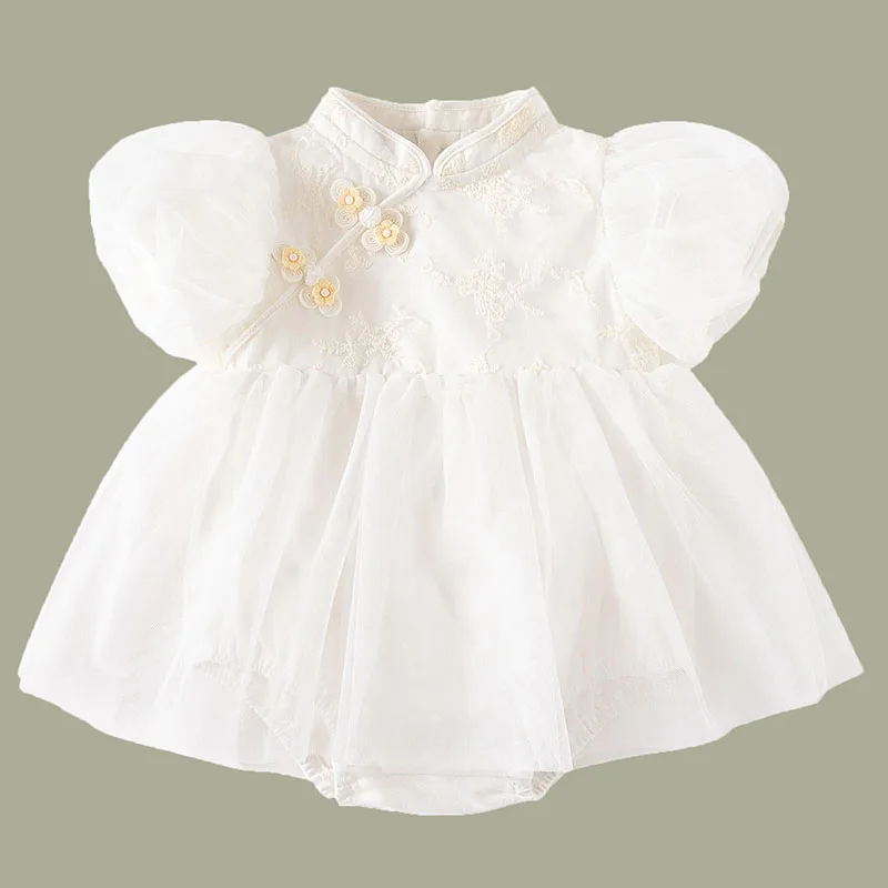Vestido Cheongsam verano para niña - Blanco de malla, estilo princesa